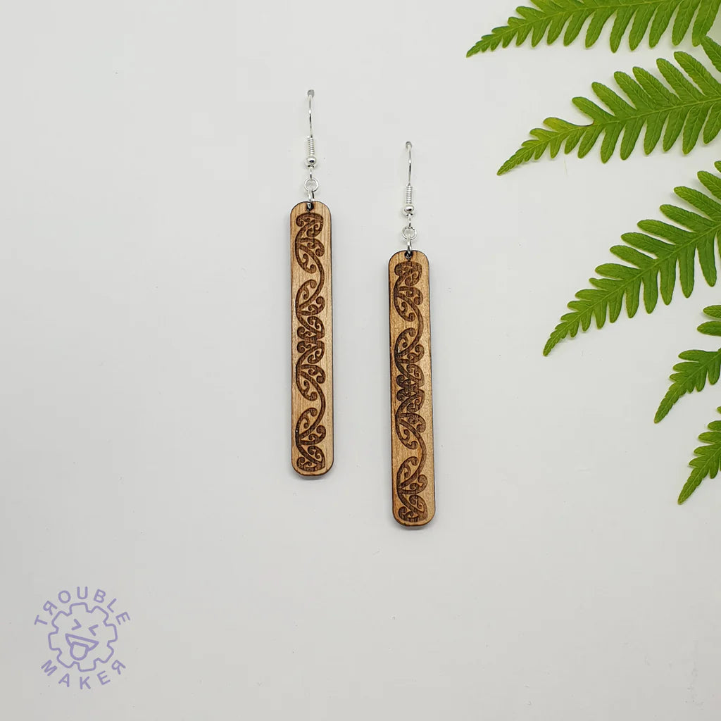 Trouble Maker Wooden Kowhaiwhai Straight Drop Earrings