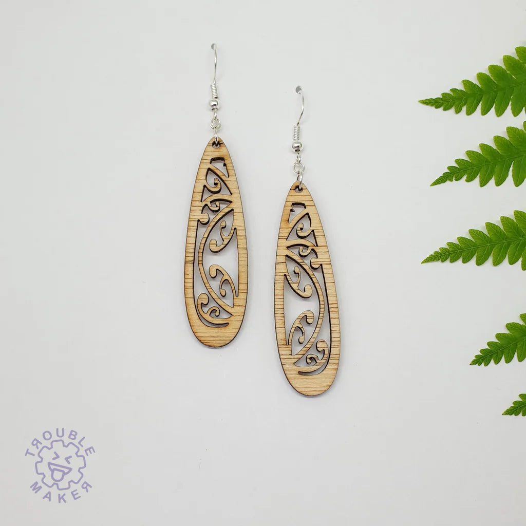 Trouble Maker Wooden Kowhaiwhai Teardrop Earrings - Fairyspringspharmacy