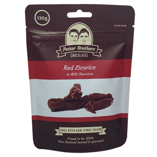 Potter Brothers Red Licorice in milk chocolate 130g
