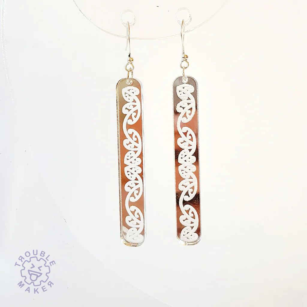 Trouble Maker Silver Kowhaiwhai Straight Drop Earrings - Fairyspringspharmacy